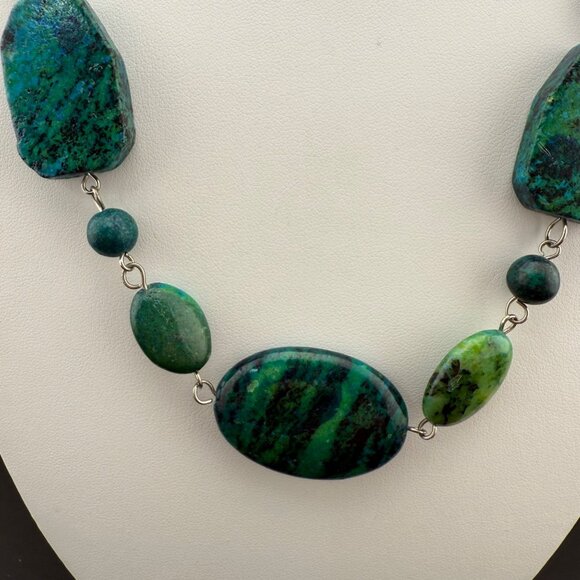 Green & Blue Stone Beaded Necklace With Lobster Clasp Handmade Gemstone Jewelry - Picture 2 of 7